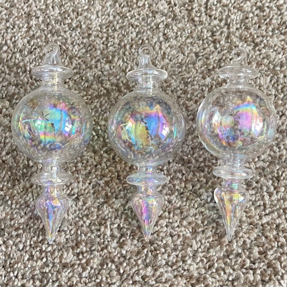 Jim Marvin Clear Iridescent Bubblegum 5" Drop Blown Glass Finial Ornaments Set 3